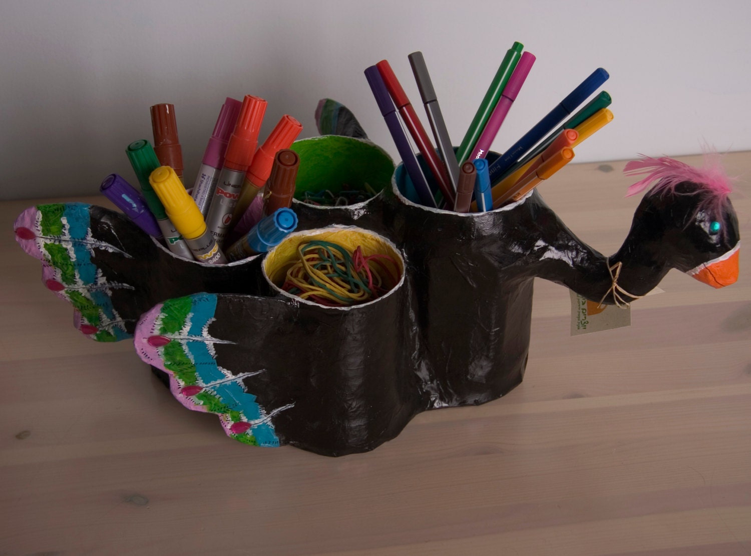 Whimsical pencil holder, Upcycled paper mache black desk organizer bird, eco friendly, eco chic home decor, office decor, gift under 50