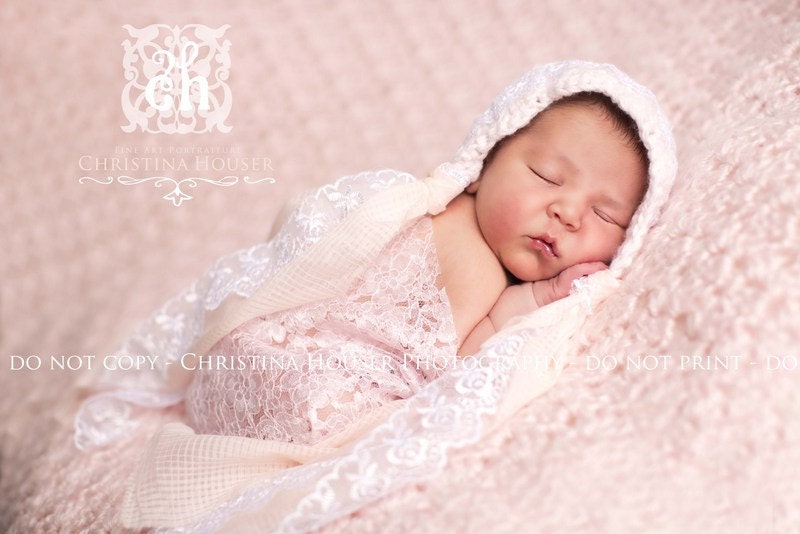 Newborn Bonnet, Newborn Hat, Baby Pink, Lace, Organza Ties, Photo Prop