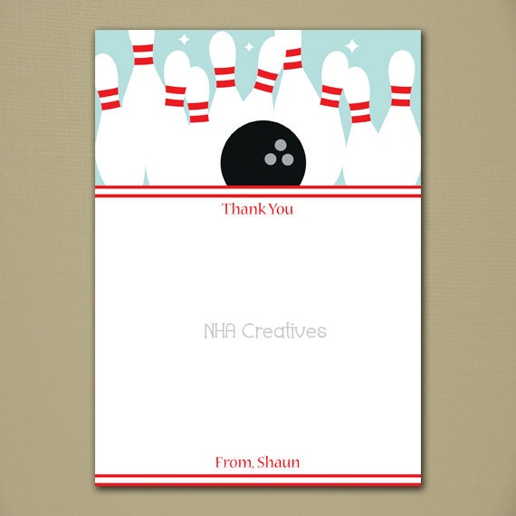 Bowling Thank You Note - 5x7" Flat Card - Personalized DIY Printable Digital File