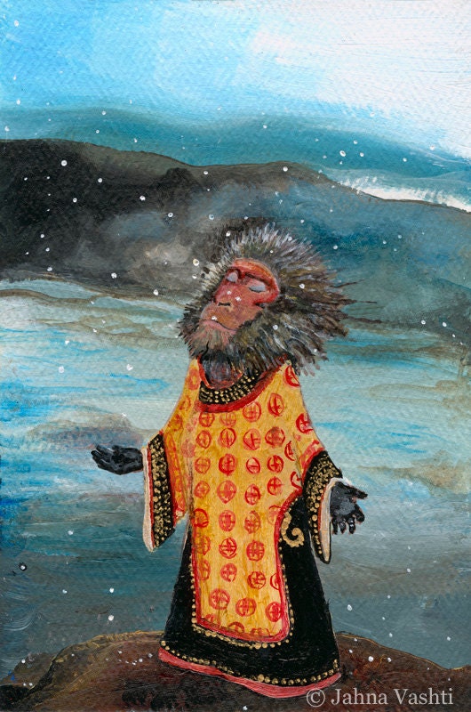 macaque, monkey, japanese, winter, snow, Buddhist, meditation, print