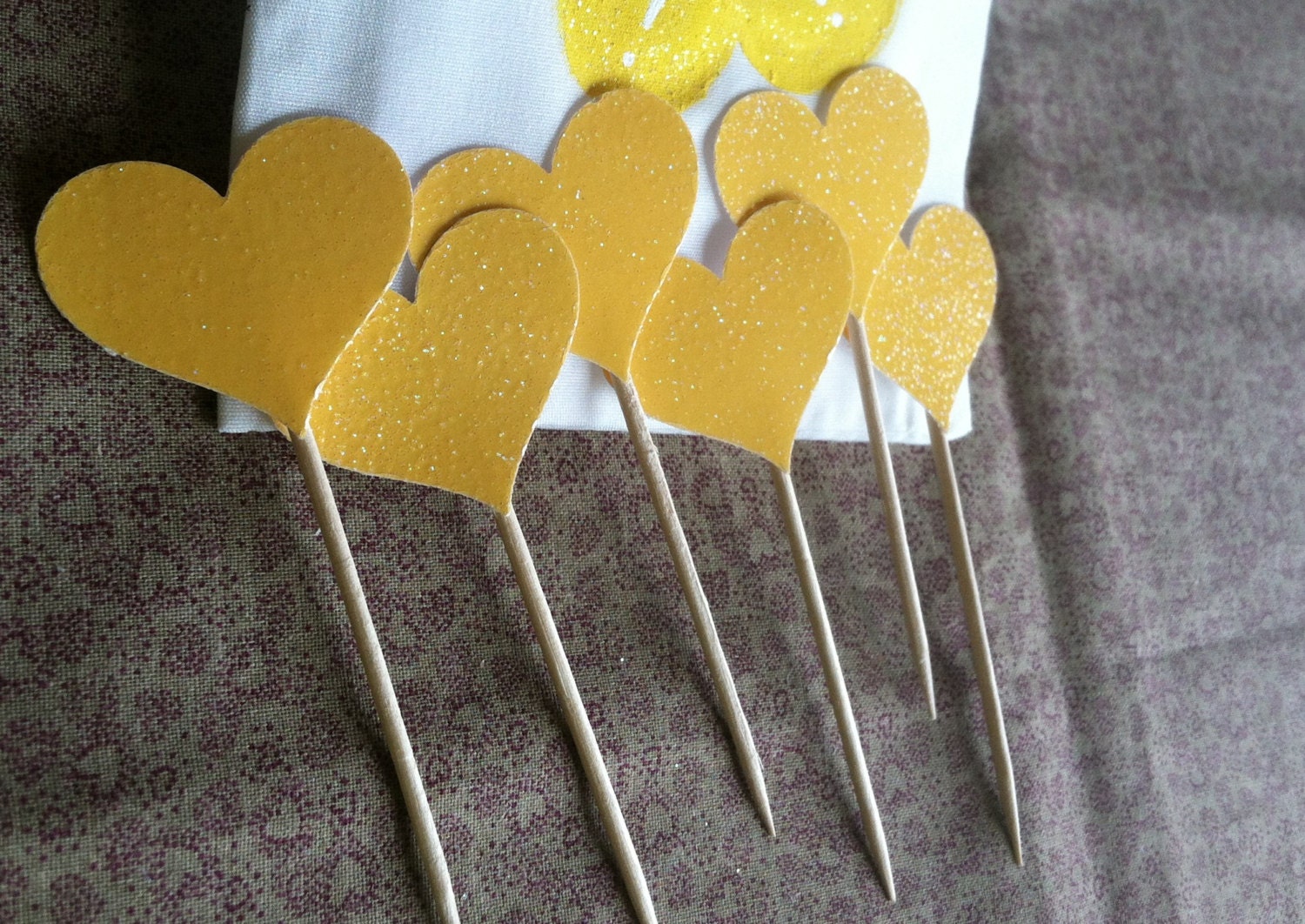 12 Sparkling YELLOW HEARTS Cupcake Toppers Wedding Cake Decorations