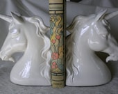 vintage unicorn bookends, 1982 Otagiri white glazed ceramic unicorns