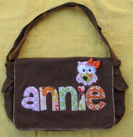 Owl Diaper Bag- Purple, Brown, Pink Raw Edge Messenger Bag-Appliqued Girl Diaper Bag- Personalized Name and Owl Applique