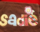 Large Raw Edge Messenger Bag or Diaper Bag with APPLIQUE Name and FLOWER applique- Pink, Green, Turquoise, Red, Yellow