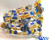 Bangle Beaded Memory Wire Bangle Bracelet in Cobolt Blue and Gold, Magnetic Clasp 8.5in.,  One of a kind,Fast Shipping