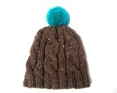 Chunky Pom Pom Hat in Tweed Brown and Turquoise, hand knitted, Unisex, READY TO SHIP