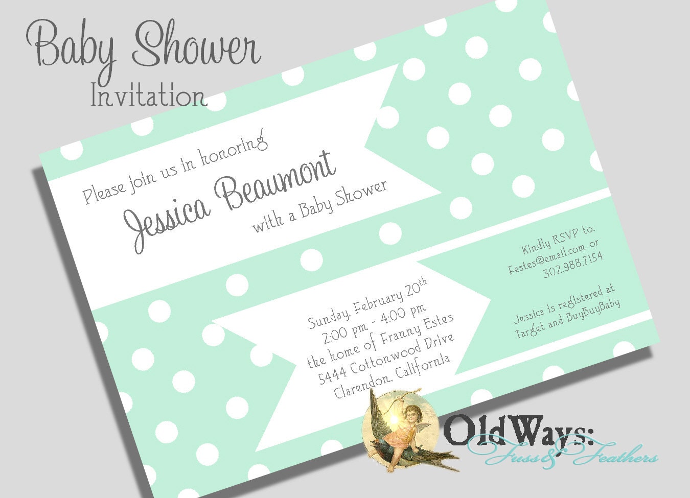 Ribbons and Polka Dots Baby Shower Invitation Mint Green Grey Gender Neutral - Printable Custom Invites DIY 5x7 Digital JPEG and PDF Files