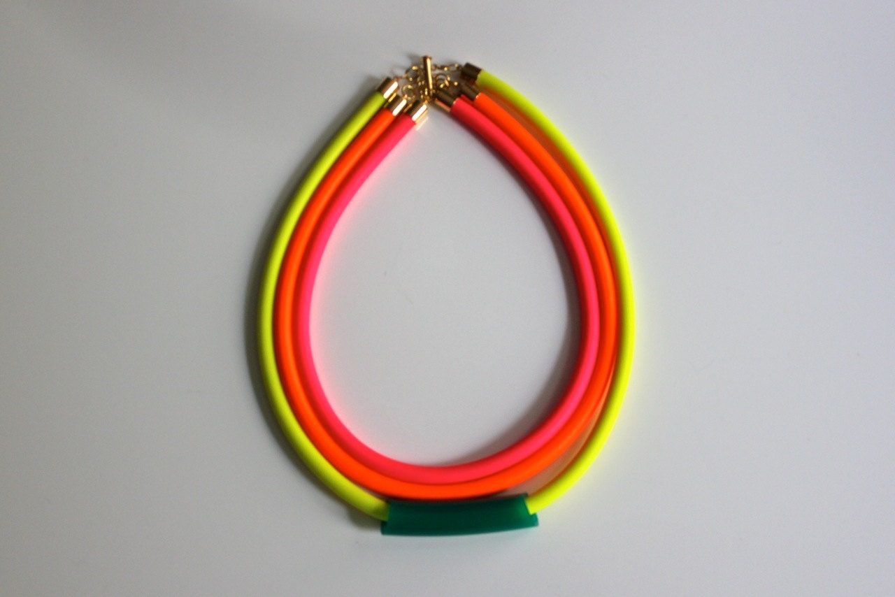 Statement Necklace Collar in Neon Yellow, Neon Orange and Hot Pink with Kelly Green accent and gold plated findings