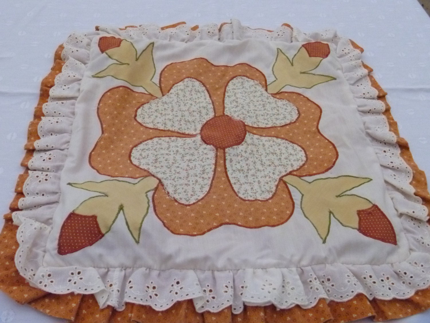 LARGE Burnt ORANGE FLORAL Ruffled Couch Pillow Sham
