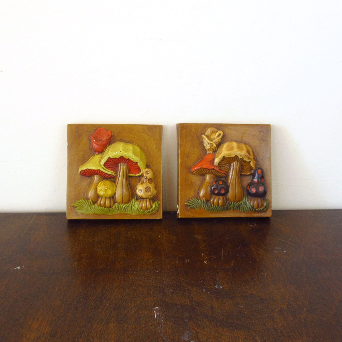 Vintage Mushroom Wall Hangings, Ceramic Plaques, 1970s