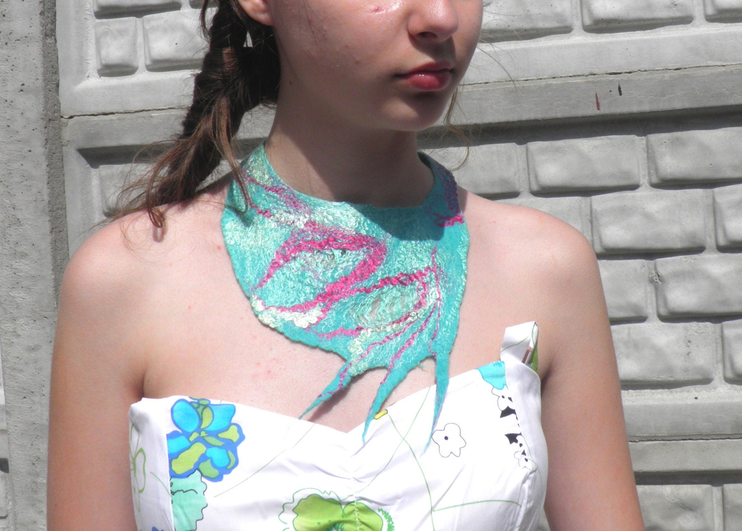 Teal statement felt necklace/ felted wool bib collar/turquoise / weddings/ felted necklace /felted collar/Felted jewelry/ Ready to ship