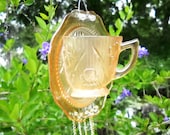 Depression Glass Iris and Herrinbone Tea Cup Suncatcher Yard Garden Art with Glass Wind Chimes