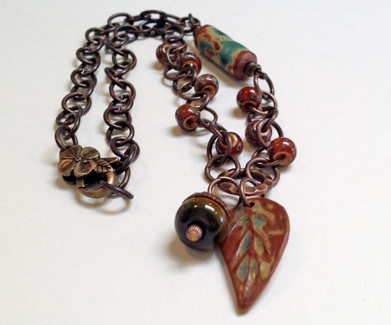Brass Necklace Ceramic Green Leaf Lampwork Acorn Czech Picasso Brass