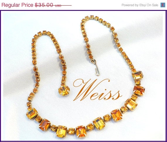 Vintage WEISS Amber & Topaz /Gold Rhinestone Necklace - Old Hollywood