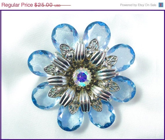 Pastel AB & Blue Rhinestone Brooch - Large Flower, Unfoiled Stones