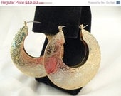 Vintage Gold Hoop Earrings, Large & Wide, Etched Flowers, Pierced