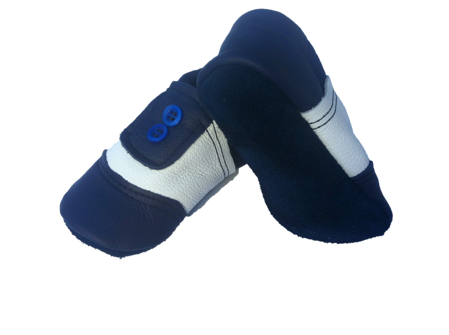 Lambswool lined navy and white soft sole leather baby and children's shoes, slippers, booties, crib shoes