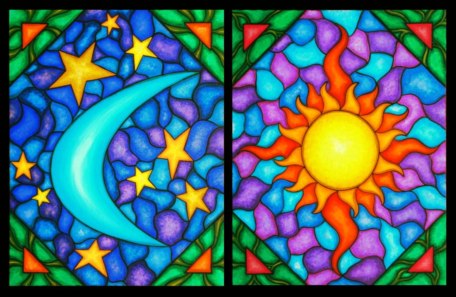 ORIGINAL Sun Moon Solar Lunar Star Sky Day Night Stained Glass Surreal Abstract PAINTING Art Natalie VonRaven MAGISTERIAN
