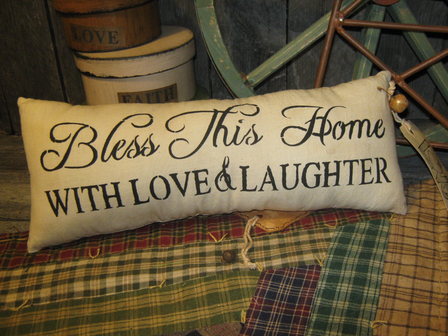Primitive Large Holiday Love Pillow Tuck Valentine " Bless This Home "  Hand Painted  Pillow  Rustic  Housewares