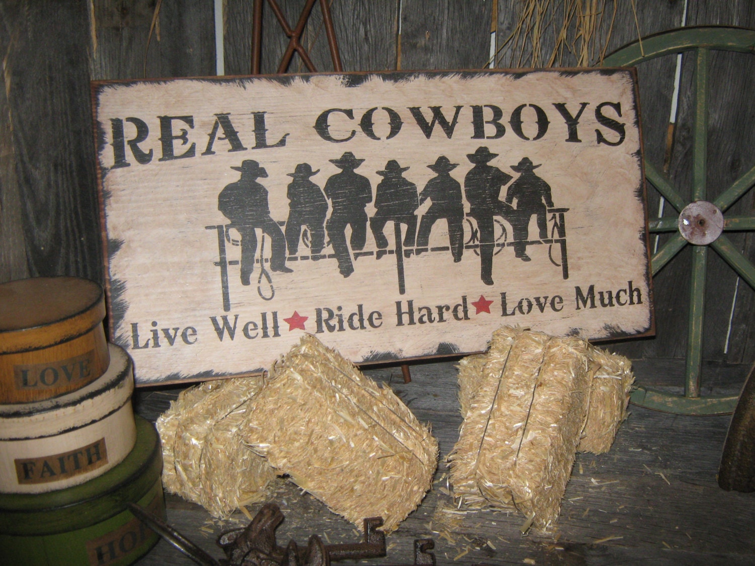 Primitive Wood COWBOY Sign " Real Cowboys " Handpainted Country Folkart Housewares Wall Decor