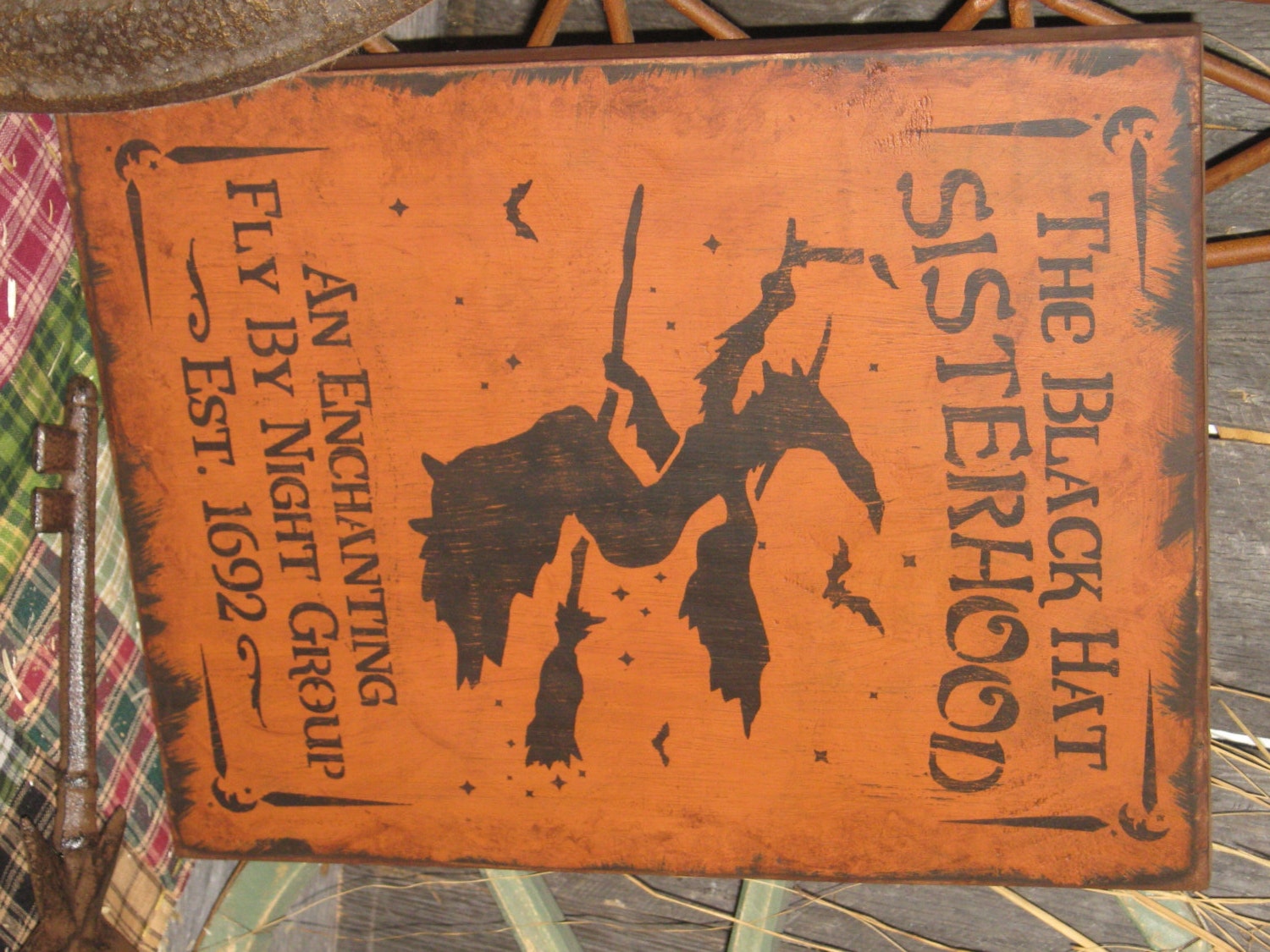 Primitive Lg Holiday Wooden Hand Painted Halloween Sign -  " The Black Hat  SISTERHOOD  "  Country  Rustic Folkart