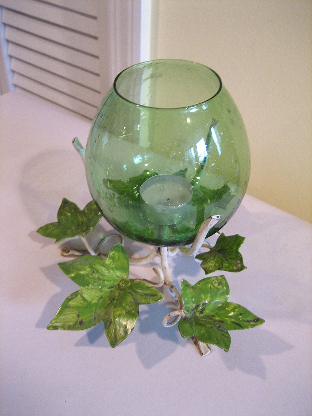 Vintage Italian Tole Metal Ivy and Blown Glass Candle Holder Mid Century Home Decor