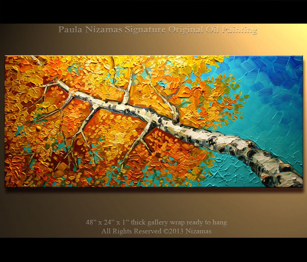 Original Birch Oil Painting Modern Oil Painting Silver Birch Tree Palette Knife Landscape from Nizamas 48" x 24" Ready to Hang
