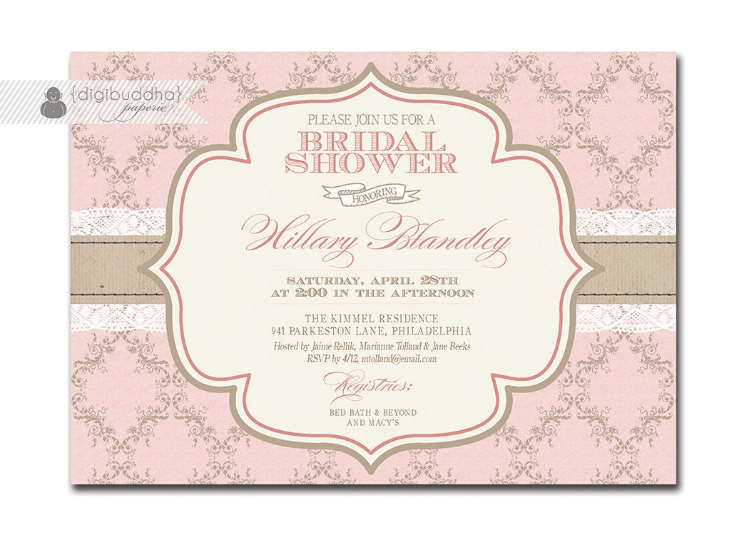 Elegant Bridal Shower Invitation Pink Damask and Lace Shabby Chic Invitation Typography Classic Printable Digital or Printed - Hillary Style