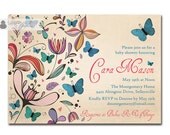 Butterflies Baby Shower Invitation Rustic Antique Colorful Floral & Blue Butterflies Vintage Script DIY Printable or Printed - Cara Style