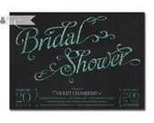 Glitter Bridal Shower Invitation Aqua Black Gray Watercolor Calligraphy Typography Elegant Wedding Shower Printable Printed - Violet Style