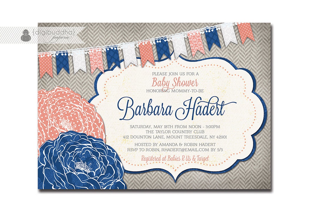 Baby Shower Invitation Coral Navy Blue Gray Rose Flower Bunting Pennant Invite DIY Printable or Printed - Barbara Style