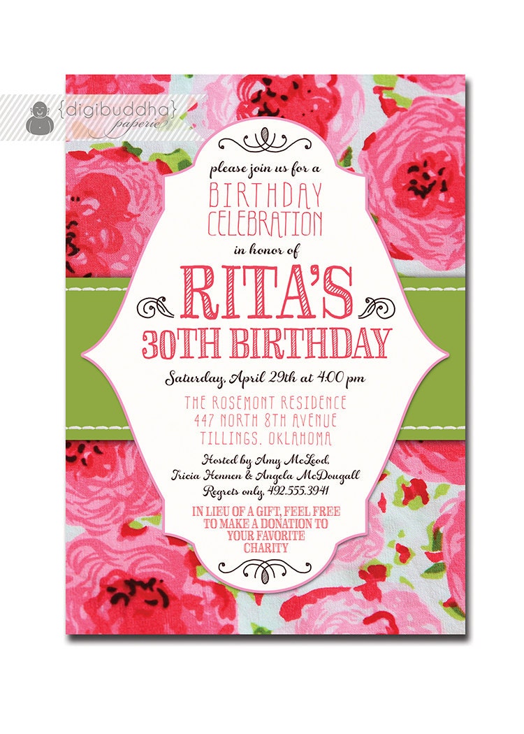 Birthday Invitation Hot Pink Green Rose Blooms Floral Shabby Chic Typography Adult 30th 40th 50th 60th Printable DIY or Printed - Rita Style