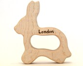 Personalized Organic Baby Teething Toy - Bunny Rabbit Wooden Teething Toy - Waldorf Toy