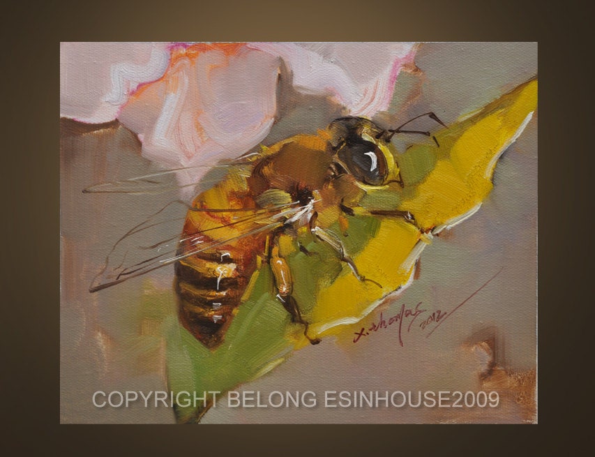 Flower Bee Original Oil Painting abstract insect 8X10"