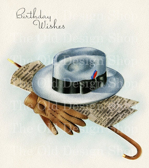 Printable VINTAGE MASCULINE Hat Gloves Newspaper Color Illustration 300 dpi Digital Scan Vintage Image Antique Clip Art