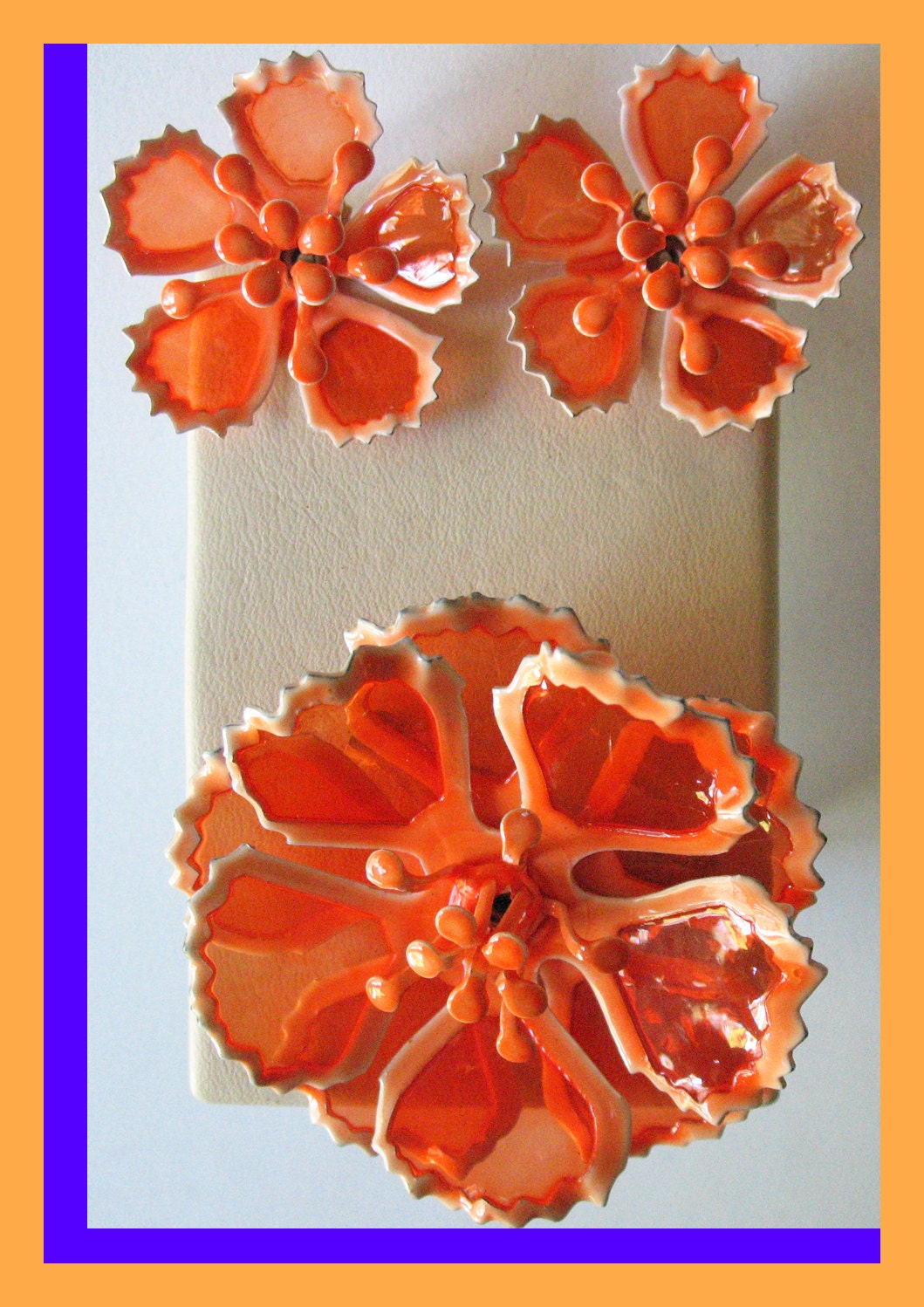 Enamel Flower pin & earrings set, Vintage 1960s DAISY PIN, ORANGE, clip-on earrings
