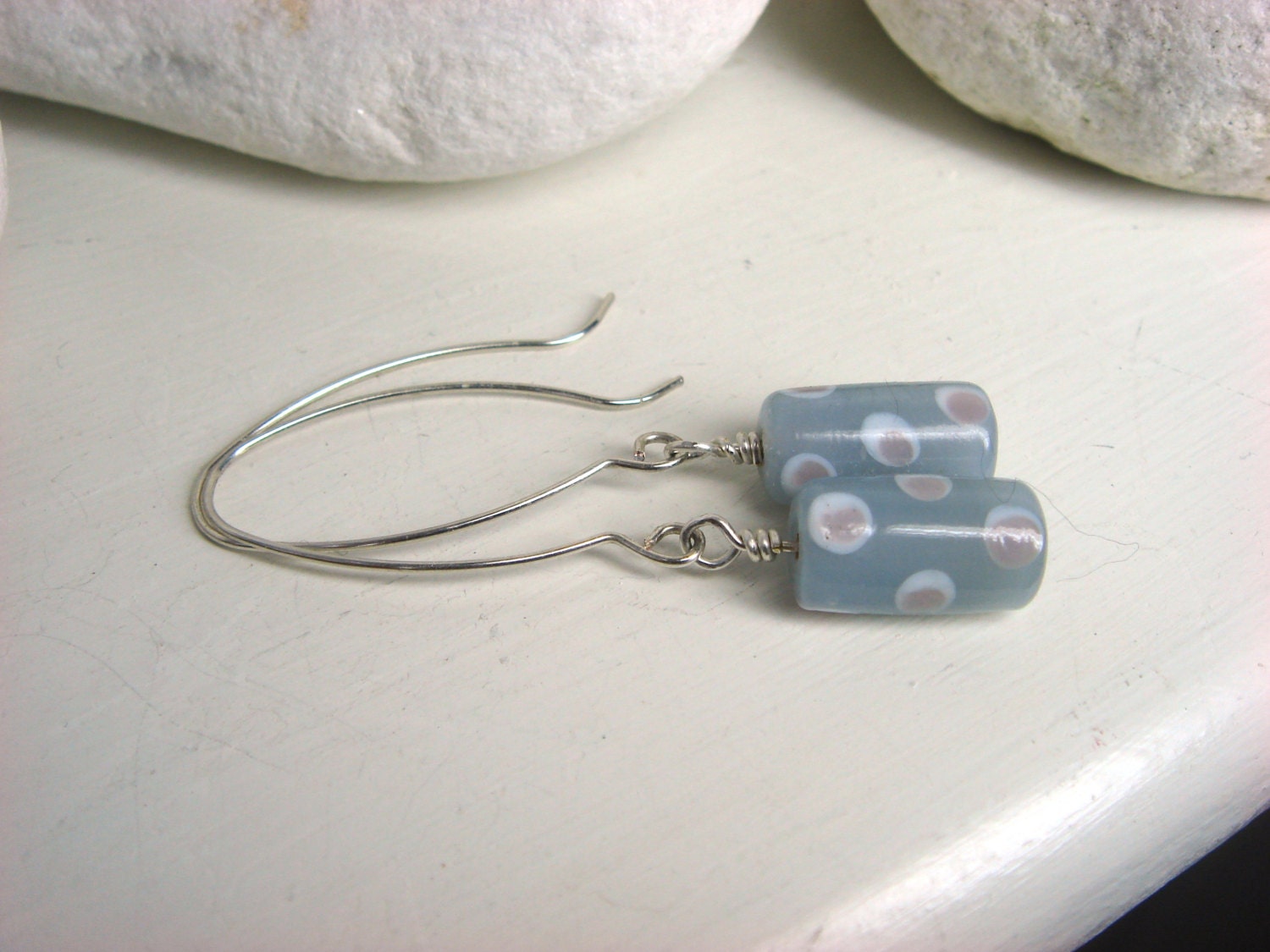 Retro Silver Aqua Blue Dotty Spotty Earrings, Glass Cylinder beads, turquoise or grey handmade earrings.