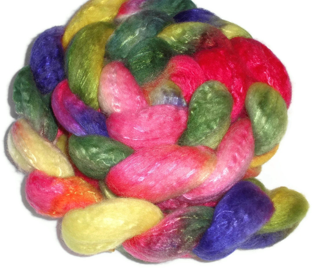 BFL Wool And Silk Roving - Handpainted Spinning - Felting- Nunofelt - Fiber art  - Flower Collection -Flowers Explosion