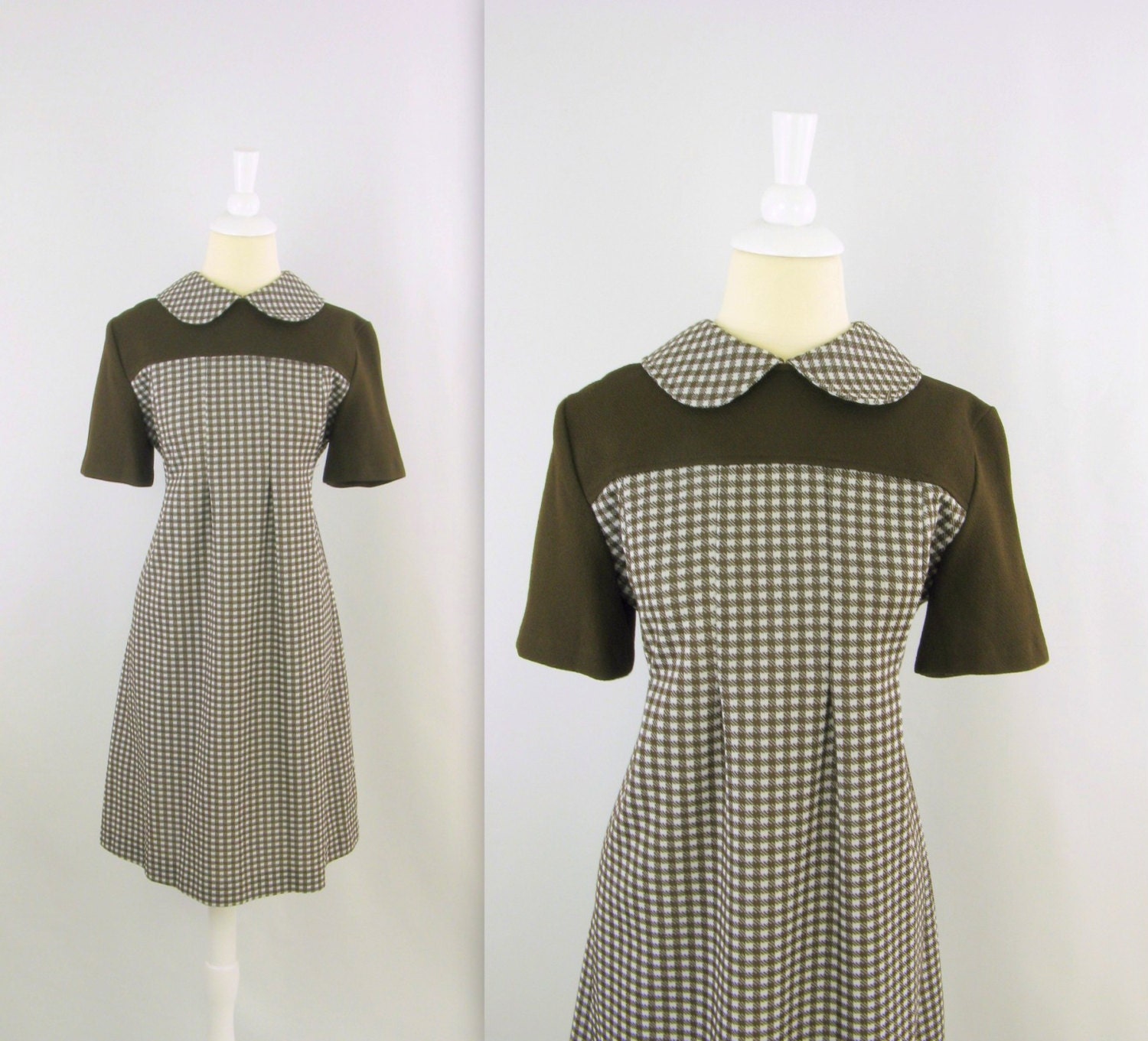 Vintage 1960s Mod Dress w/ Peter Pan Collar in Brown & White Check - Medium - TwoMoxie