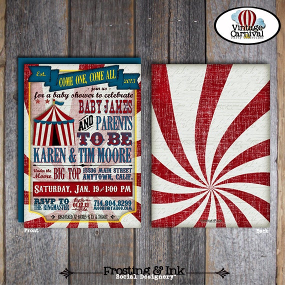 Carnival Baby Shower - Circus Shower - Invitation & Wrap Around Address Labels - Customized Printable (Vintage Inspired)
