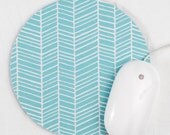 Herringbone Mouse Pad / Chevron Aqua and White / Round Mousepad / Office Home Decor