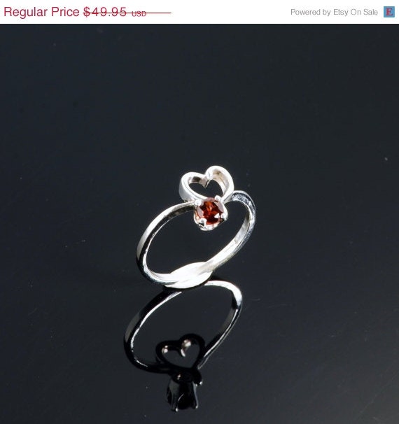 ON SALE Garnet Ring - Heart Ring - Valentine's Day - January Birthstone - Sterling Silver - Handmade