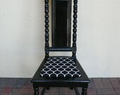 Antique Vintage black wood chair with geometric fabric