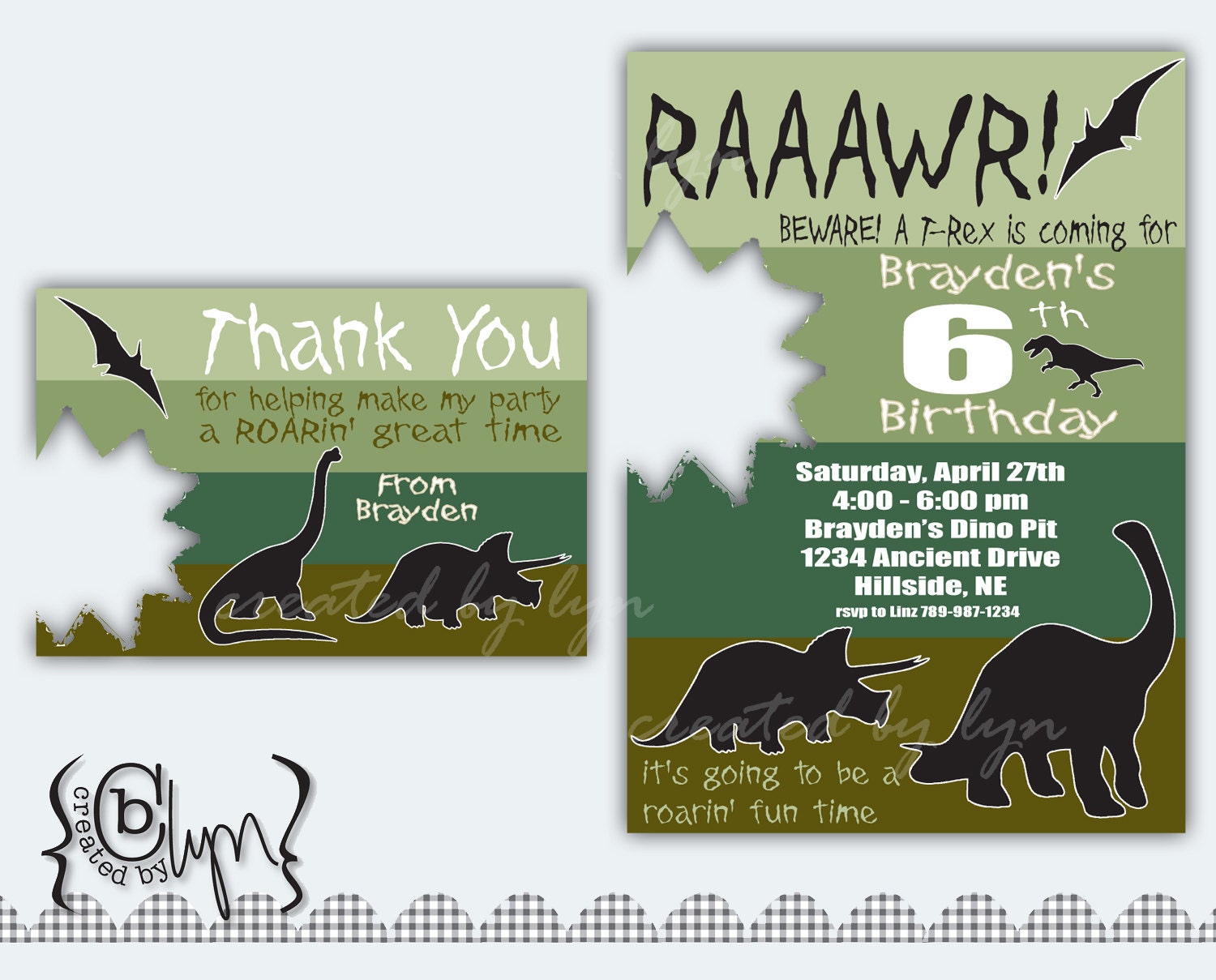 Dinosaur Party Invitation and Thank You Card with T-Rex bite