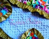 NEW Personalized Designer Minky and Hand Ruffled Satin Baby Blanket "In Bloom" by Alexander Henry (Free Monogramming)