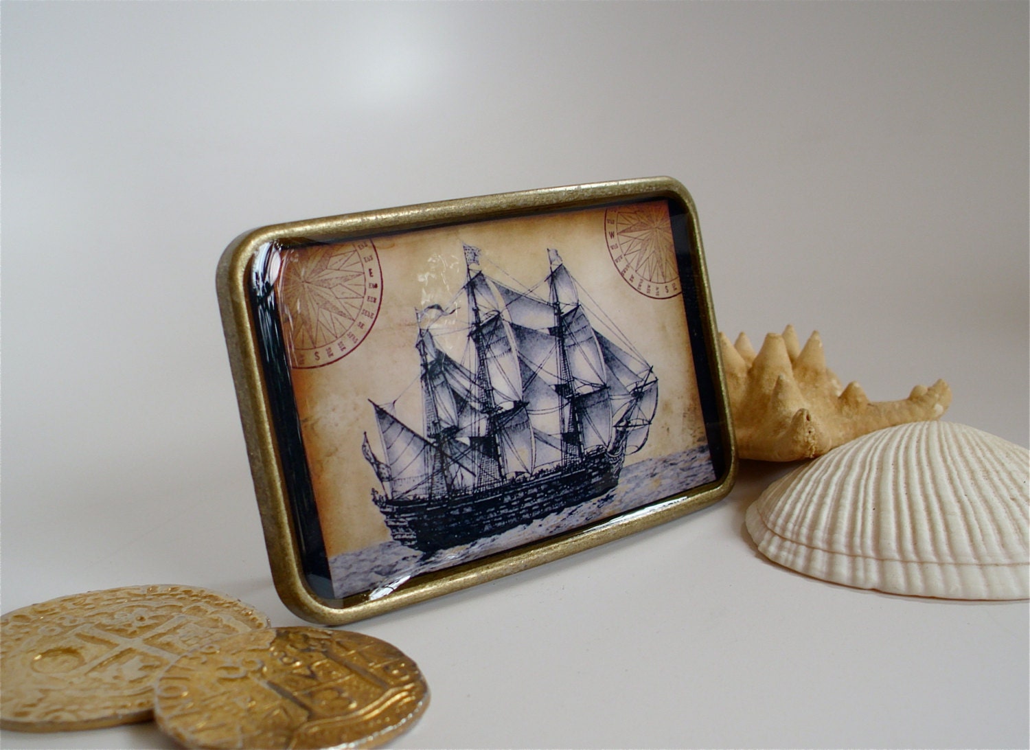 Pirate Ship and Compass Rose Belt Buckle - Antique Print Collage Pirate Ship Belt Buckle - Buccaneer Swash-Buckle