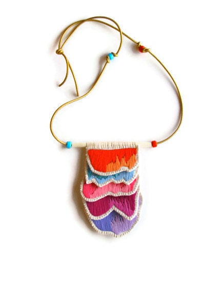 Embroidered pendant necklace on long gold leather cord with glass bead accents Spring colors - AnAstridEndeavor Embroidered pendant necklace on long gold leather cord with glass bead accents Spring colors - AnAstridEndeavor
