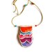 Embroidered pendant necklace on long gold leather cord with glass bead accents Spring colors
