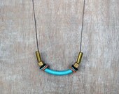 Ceramic Tube Necklace / Turquoise and Brass