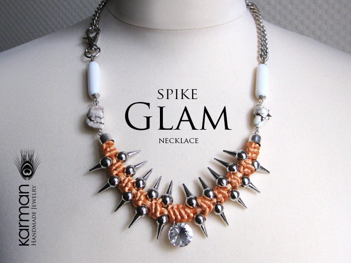 Spike Glam Statement. Nectarine Color silk knotted necklace by Karman Jewelry. Free shipping.